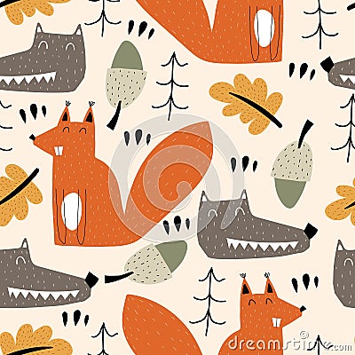 Seamless pattern with cartoon wolves, squirrels, trees, decor elements. Forest, vector flat Scandinavian style. animal and nature Vector Illustration